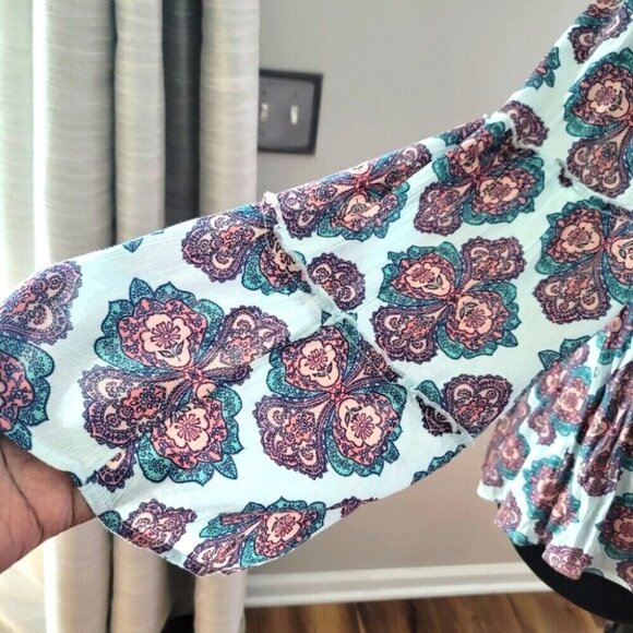 Red Camel Women Plus Floral Boho Chic Coral Blue Flounce Tunic Top Blouse 1X - Picture 4 of 6